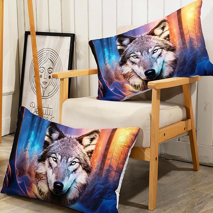 AILONEN Wolf Fitted Sheet Set Queen Size, Winter Forest Wildlife Bedding Set Wolf Sheet Set for Boys Teen Kids,Safari Wolf Printed Bed Sheet Set Wolf Fitted Sheet with 2 Pillowcases,3 Pieces