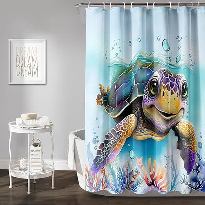 AILONEN Sea Turtle Shower Curtain,Kawaii Sea Animal Turtle Bathroom Curtains Set for Kids Girls,Tropic Animal Tie Dye Turtle Shower Curtains for Bathroom, 72" W*72" H