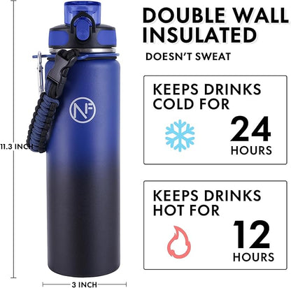 32 oz Insulated Water Bottle With Detachable Straw & Paracord Handle, Stainless Steel Thermos Water Bottle with Leakproof Lockable Lid, BPA-Free Sports Bottle (Blue Black Gradient)