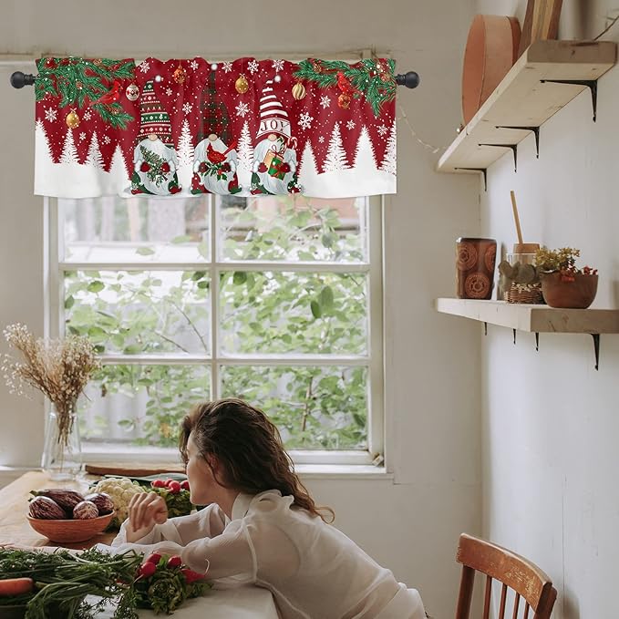 Christmas Gnomes Kitchen Curtains Valances for Windows Red Winter Holidays Rod Pocket Window Treatment for Kitchen /Living Room/Bedroom/ Bathroom,42" X 18" -1 Panel, White Snowflakes Xmas Trees