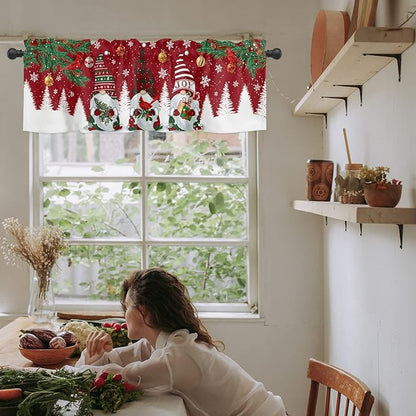 Christmas Gnomes Kitchen Curtains Valances for Windows Red Winter Holidays Rod Pocket Window Treatment for Kitchen /Living Room/Bedroom/ Bathroom,42" X 18" -1 Panel, White Snowflakes Xmas Trees