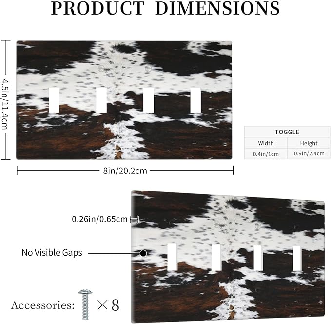 Western Farm Highland Cow Cowhide Quad Toggle Light Switch Cover Decorative 4 Gang Wall Plate Electrical Faceplate Switchplate for Farmhouse Bathroom Bedroom Living Room Decor