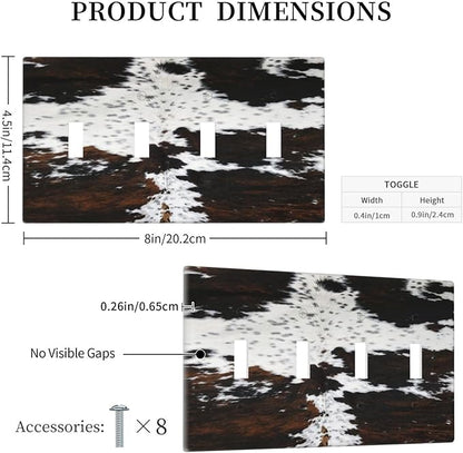 Western Farm Highland Cow Cowhide Quad Toggle Light Switch Cover Decorative 4 Gang Wall Plate Electrical Faceplate Switchplate for Farmhouse Bathroom Bedroom Living Room Decor