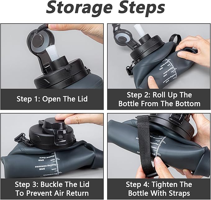 Collapsible Water Bottles, Foldable Water Bottle 67.6oz/2L, Portable Sports Water Bottle, Reusable Travel Water Bottle, Motivational Water Bottle, Leak Proof, BPA Free, Straw & Handle (Black)