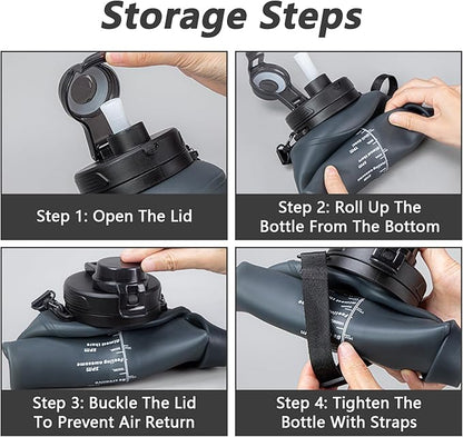 Collapsible Water Bottles, Foldable Water Bottle 67.6oz/2L, Portable Sports Water Bottle, Reusable Travel Water Bottle, Motivational Water Bottle, Leak Proof, BPA Free, Straw & Handle (Black)