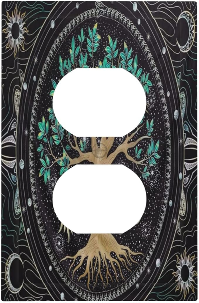 Tree of Life 1 Gang Outlet Plate Covers Decorative Single Duplex Wall Plate Hippie Sun Moon Star Electrical Receptacle Light Switch Cover Art Faceplate Switchplate for Bathroom Living Room Decor
