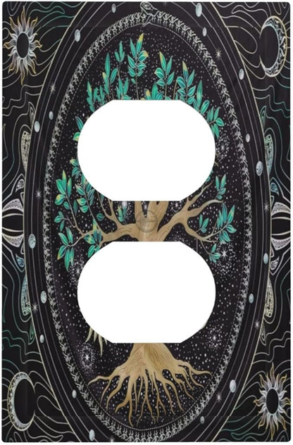 Tree of Life 1 Gang Outlet Plate Covers Decorative Single Duplex Wall Plate Hippie Sun Moon Star Electrical Receptacle Light Switch Cover Art Faceplate Switchplate for Bathroom Living Room Decor