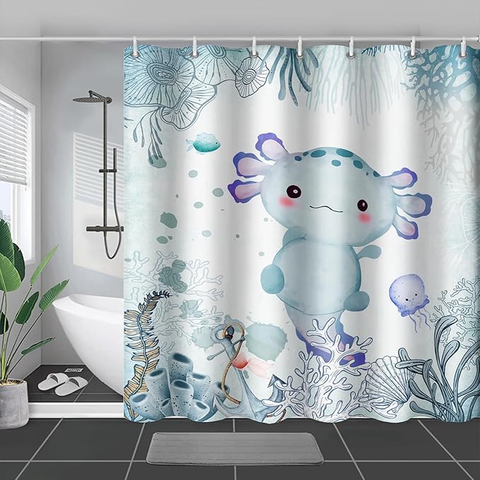 AILONEN Cute Axolotl Shower Curtain for Bathroom Teal Blue Ocean Beach Coastal Bath Curtain Decor 48" W*72" H Polyester Fabric Waterproof Bathroom Curtain with 12 Hooks