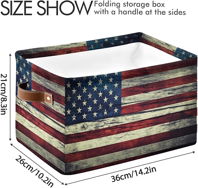 Retro American Flag Storage Basket Collapsible Storage Box with Leather Handles Rectangular Laundry Organizer 1 PC for Bathroom Clothes Kids Toys Nursery