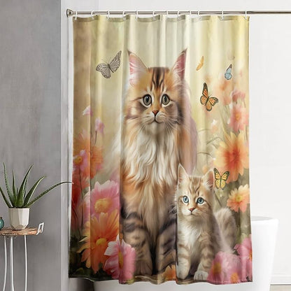 AILONEN Cartoon Kawaii Cat Shower Curtain for Kids Girls, 3D Cat Mum and Son with Flower Shower Curtain for Bathroom Decor,Cat Lovers Animal Waterproof Shower Curtains Sets with Hooks,72" W*84" H