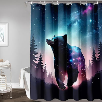 AILONEN 3D Bear Shower Curtain for Bathroom,Evening Starry Black Bear Printed Bath Curtain,Forest Wildlife Decoration Shower Curtain Waterproof 72" W*84" H