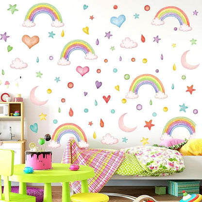 Watercolor Rainbow Wall Decor Stickers Small Rainbow Wall Decal Rainbow Heart Moon Wall Stickers for Girls Boys Baby Bedroom Nursery Wall Decor