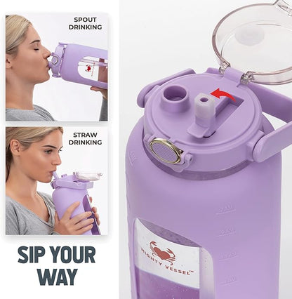 64oz Glass Water Bottle | Lavender Water Bottle with Straw & Time Marker | Half Gallon Water Bottle with Measurements & Silicone Sleeve | Suitable for Travel, Gym, & Daily Intake