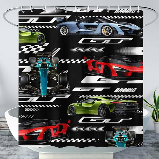 AILONEN Boys Racing Car Shower Curtain,Extreme Sports Car Bath Curtain for Kids Teen,Cool Speed Car Racer Waterproof Black Curtain for Bathroom Decor, 48" W x 72" H