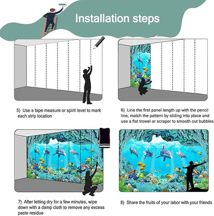 3D Ocean Animal World Shark cave Shoal of Fish Wallpaper Mural for Kid's Room (Not Peel and Stick)