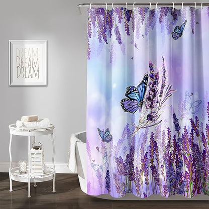 AILONEN Flying Butterfly Shower Curtain for Girl Women,Purple Lavender Flower Butterfly Floral Decor Bath Curtain 72" W*72" H Polyester Fabric Waterproof Bathroom Bathtub Curtain with 12 Hooks
