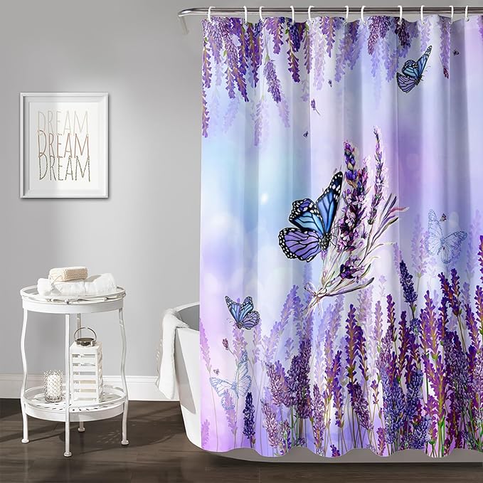 AILONEN Flying Butterfly Shower Curtain for Girl Women,Purple Lavender Flower Butterfly Floral Decor Bath Curtain 48" W*72" H Polyester Fabric Waterproof Bathroom Bathtub Curtain with 12 Hooks