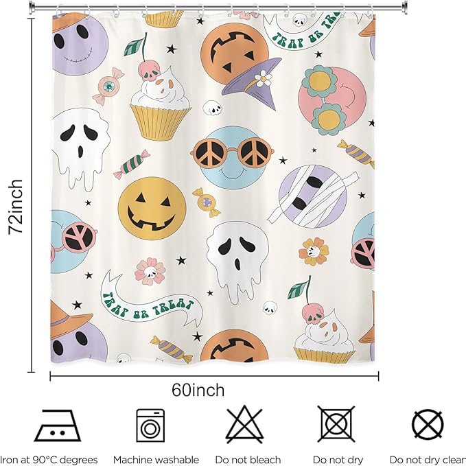 70s 60s Groovy Halloween Spooky Ghost Pumpkin Zombie Mummy Shower Curtain 60Wx72L Inch Smiling Face Retro Hippie Funny Bathroom Set Accessories Decor Polyester Waterproof with 12 Pack Hooks