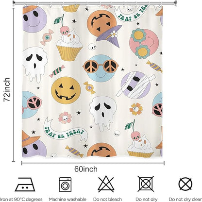 70s 60s Groovy Halloween Spooky Ghost Pumpkin Zombie Mummy Shower Curtain 60Wx72L Inch Smiling Face Retro Hippie Funny Bathroom Set Accessories Decor Polyester Waterproof with 12 Pack Hooks