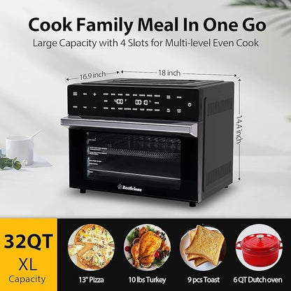 32QT Extra Large Air Fryer, 19-In-1 Air Fryer Toaster Oven Combo with Rotisserie and Dehydrator, Digital Convection Oven Countertop Airfryer Fit 13" Pizza, 1800w, Black