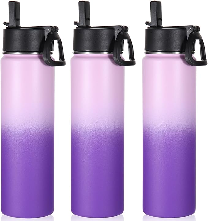 Volhoply 24oz Insulated Water Bottle With Straw Bulk 3 Pack,Metal Wide Mouth Water Bottles With Handle Lid,Reusable Double Wall Thermos,Powder Coated Sport Bottle For Holder(Lavender,3 Count)