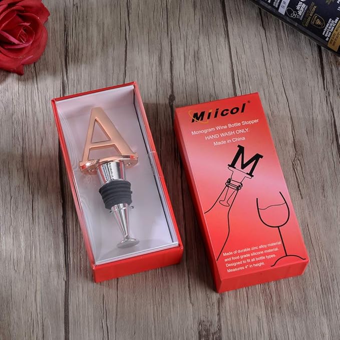Miicol Wine Bottle Stopper, Prosecco Stopper, Rose Gold Wine Stopper, Personalised Champagne Stopper, Initial Wine Stopper, Funny Prosecco Gift, Wine Lovers Gift, Kitchen Decor, Letter A