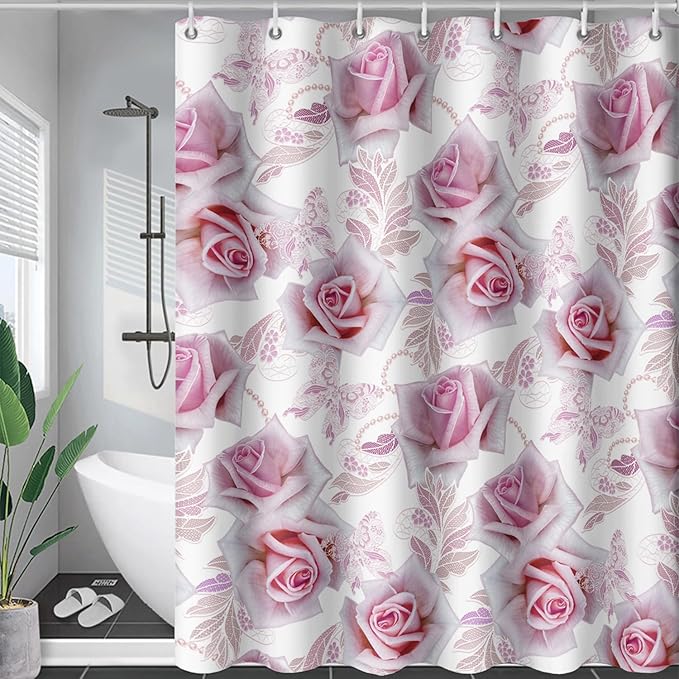 AILONEN Girls Rose Shower Curtain 72" W*72" H, Pink Rose Shower Curtain with 12 Hooks,Waterproof Floral Shower Curtain for Bathroom,Romantic Flower Pink Shower Curtain