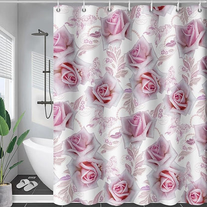 AILONEN Girls Rose Shower Curtain 72" W*84" H, Pink Rose Shower Curtain with 12 Hooks,Waterproof Floral Shower Curtain for Bathroom,Romantic Flower Pink Shower Curtain