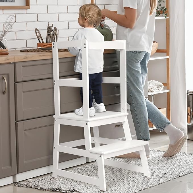 Kids Kitchen Step Stool, Standing Stool with Safety Rail for Toddlers 18 Months and Older, Safety Anti-Slip Protection, Removable Step Stool for Adult Use, White