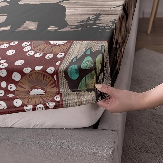 AILONEN Roaring Bear Fitted Sheet Set Twin XL Size, Rustic Cabin Bed Sheet Set,Wildlife Bedding Grey Bear Plaid Sheet Set,3 Pieces Teen Men Boys Bed Sheet Set,1 Fitted Sheet with 2 Pillowcases