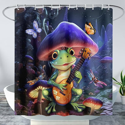 AILONEN Frog Mushroom Shower Curtain,Guitar Frog Amphibious Animal Waterproof Fabric Bath Curtain for Kids Girls,Boho Magic Mushroom Shower Curtain Set for Bathroom with Hooks,36" W*72" H
