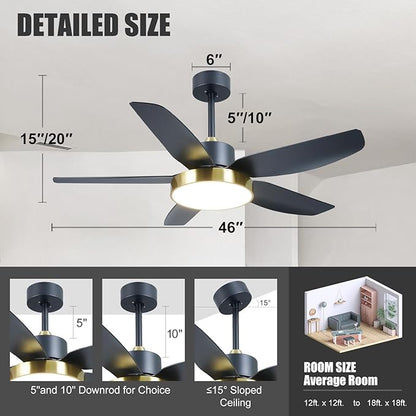 Modern Ceiling Fan with Light and Remote Control,46''Ceiling Fan with 3 Color Lights,Memory Function,5 Blades,6 Speeds,Outdoor Fan and Light for Living Room,Bedroom,Kitchen,Black Gold