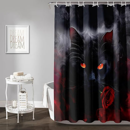 AILONEN 3D Black Cat Shower Curtain,Cat with Red Rose Polyester Cloth Bath Curtain Set for Kids Boys,Fog with Flowers Waterproof Shower Curtain for Bathroom, 72" W*84" H Black