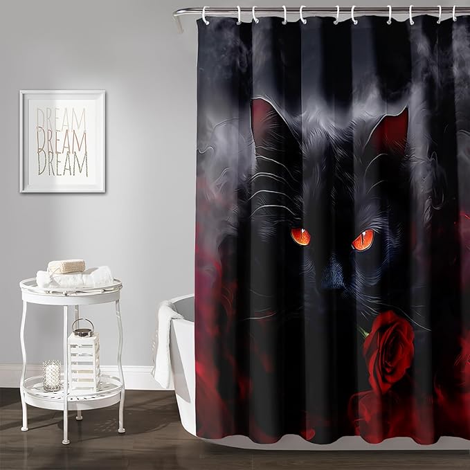 AILONEN 3D Black Cat Shower Curtain,Cat with Red Rose Polyester Cloth Bath Curtain Set for Kids Boys,Fog with Flowers Waterproof Shower Curtain for Bathroom, 36" W*72" H Black