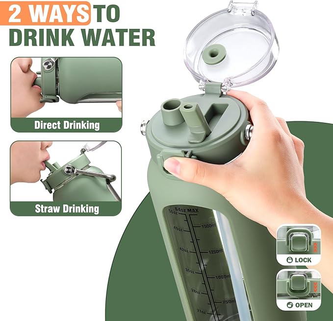 kytffu 64 oz Glass Water Bottle with Straw and Stainless Steel Handle, Half Gallon Water Bottle with Silicone Sleeve and Time Marker, 2L Large Glass Bottle for Gym, School, Travel, Leak-proof (olive)