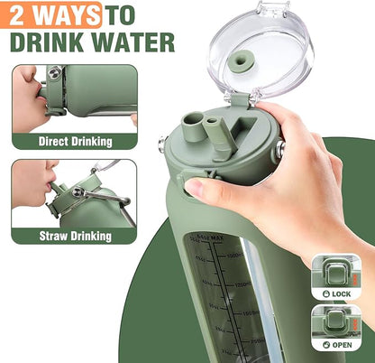 kytffu 64 oz Glass Water Bottle with Straw and Stainless Steel Handle, Half Gallon Water Bottle with Silicone Sleeve and Time Marker, 2L Large Glass Bottle for Gym, School, Travel, Leak-proof (olive)