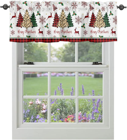 Merry Christmas Kitchen Curtains Valances for Windows Farm Christmas Tree Buffalo Plaid Leopard Rod Pocket Window Treatment for Kitchen/Living Room/Bedroom/Bathroom,60" X 18" -1 Panel, Holiday Decor
