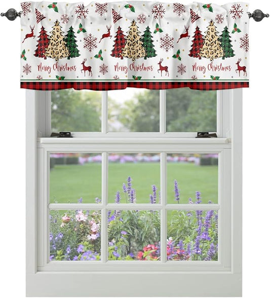 Merry Christmas Kitchen Curtains Valances for Windows Farm Christmas Tree Buffalo Plaid Leopard Rod Pocket Window Treatment for Kitchen/Living Room/Bedroom/Bathroom,42" X 12" -1 Panel, Holiday Decor