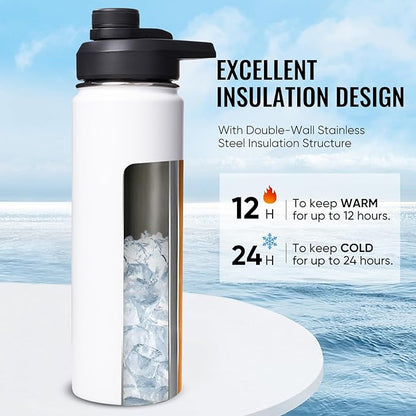 24oz Insulated Water Bottle with Handle, Stainless Steel Water Bottles with Wide Mouth, Double Wall Vacuum Sports Water Bottle, BPA Free, Keep Cold and Hot, White