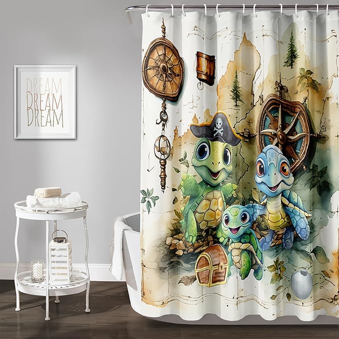 AILONEN Cartoon Sea Turtle Shower Curtain,Kawaii Turtle Bathroom Curtains for Kids,Girls,Nautical Compass Anchor Shower Curtains Set with Hooks for Bathroom,72" W*78" H