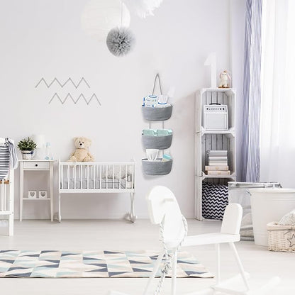 3 Tier Wall Mounted Woven Hanging Basket, Over the Door Hanging Basket with Hooks, Decorative Storage Hanging Closet Removable, Large Wall Basket for Living Room, Bedroom (White & Brown)