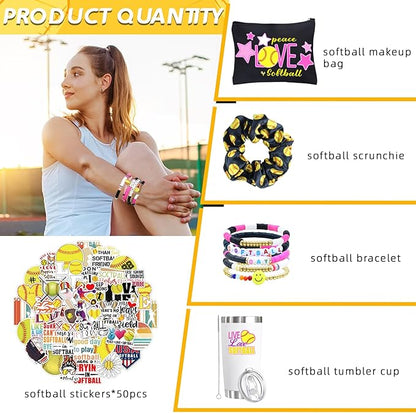6 Pcs Softball Gifts Set Including 20oz Softball Tumbler cup Softball Bracelet Softball Makeup Bags Softball Stickers Hair Ties Sport Hair Scrunchie for Softball Lovers