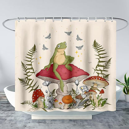 AILONEN Frog Mushroom Shower Curtain Cartoon Animal Wildlife Red Mushroom Boho Aesthetic Minimalist Modern Art Bathroom Decor 48" W*72" H Shower Curtains with 12 Hooks