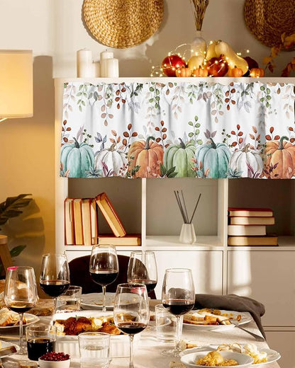 Fall Thanksgiving Kitchen Curtains Valances for Windows Autumn Pumpkins Eucalyptus Leaves Rod Pocket Window Treatment for Kitchen /Living Room/Bedroom/ Bathroom, 54" X 18", Blue Sage Green Orange