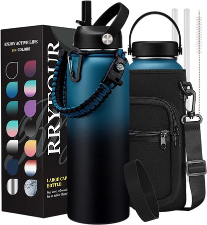 40 oz Insulated Water Bottle with Straw - Flex Cap Lids, Paracord Handle, Bottle Carrier Bag w/Strap, Vacuum Stainless Steel Water Bottles, Double Wall Flask Metal Water Flask Jug