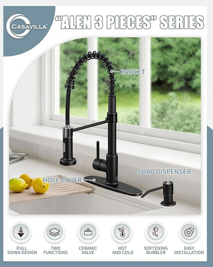Oil Rubbed Bronze Single Handle Kitchen Faucet Set with Pull Down Sprayer and Soap Dispenser, 17-inch Tall