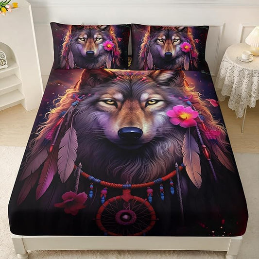 AILONEN Wolf Dream Catcher Fitted Sheet Set Queen Size, Wildlife Wolf Bed Sheet Set,Safari Animal Moon Wolf Fitted Sheet and 2 Pillowcases,3 Pieces(Boys/Men/Kids/Teens)