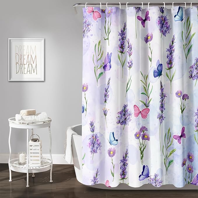 AILONEN Purple Flower Butterfly Shower Curtain 60" W*72" H,Spring Floral Girls Bathroom Decor,Modern Tie Dye Watercolor Butterfly Bath Curtain Polyester Waterproof Bathroom Curtain with Hooks