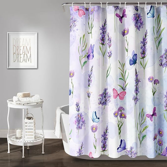 AILONEN Purple Flower Butterfly Shower Curtain 72" W*84" H,Spring Floral Girls Bathroom Decor,Modern Tie Dye Watercolor Butterfly Bath Curtain Polyester Waterproof Bathroom Curtain with Hooks