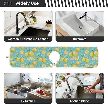 Lemon Turquoise Faucet Water Catcher Mat 2 Pack Flowers Leaves Summer Drying Mat Absorbent Bathroom Faucet Handle Drip Catcher Tray Bar RV Kitchen Sink Splash Guard 30x5 Inches